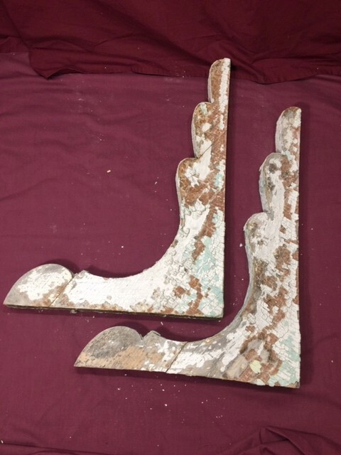 Vintage wood corbels, pair, white and green chippy paint