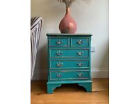Teal vintage table, chest of drawers 