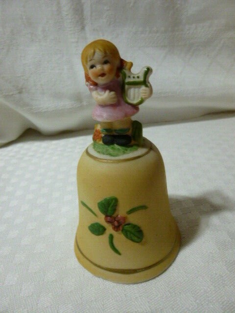 Vintage Bisque Ceramic figurine bell  Girl Playing the Harp Handle 4 1/4
