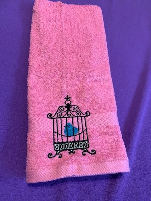 NEW Pink Bathroom Hand Towel BIRD in a Cage   embroidered free ship