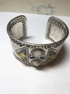 Lucky Brand Silver Tone signed Open Cuff Bracelet Pattern Jewelry geometric