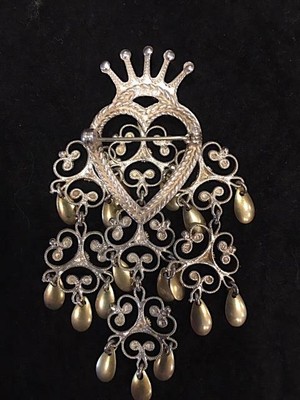 Medium Pretty Heart & Crown 8cm Long 830S Silver Gilt Bunad SOLJE From Norway