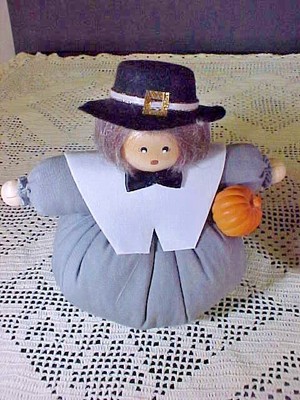 Thanksgiving Roly Poly Dolls Wooden Heads Stuffed Fabric Weighted Pilgrims Fall