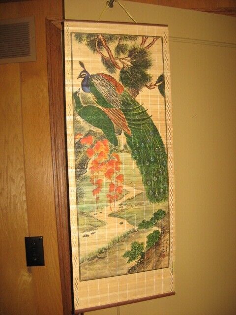 Vintage Bamboo Hanging Wall Scroll Art Peacock Chinese Japanese Oriental