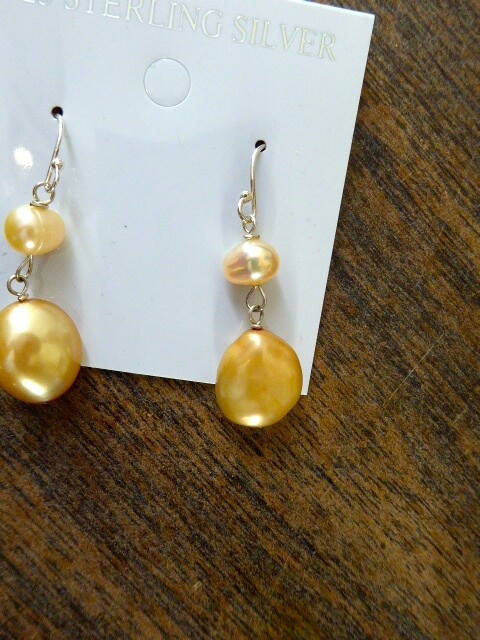 PAIR NEW SILVER CULTURED PINK GOLD CULTURED DROP DANGLE PIERCED PEARL EARRINGS