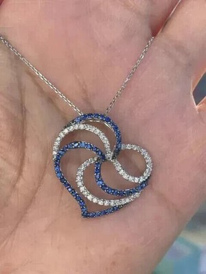 2Ct Round Lab-Created Blue Sapphire Heart Pendant 14KWhite Gold Plated 18'' Chain