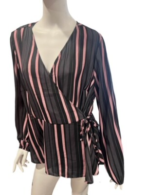 Torrid Womens 1 Gray Pink Black Striped Long Sleeve Wrap Sheer Career Top 1X