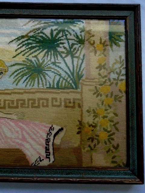 Antique Needlework Picture Couple Roman Scene Nice