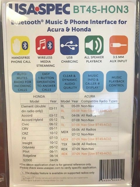 USA SPEC BT45-HON3 HONDA Bluetooth hands-free + streaming music  Android/iPhone
