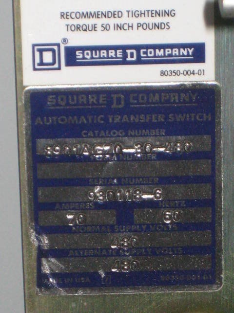 SQUARE D AUTOMATIC TRANSFER SWITCH 70 AMP 480 VOLT (A1)