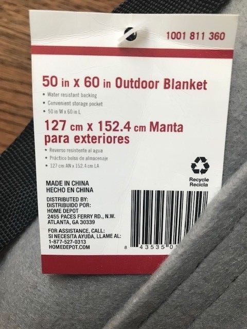 Outdoor Blanket, 50 in x 60 in, grey, water resistant backing, storage pocket