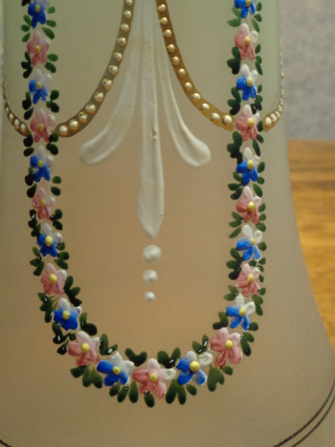 ANTIQUE VICTORIAN 14” VASES SATIN GLASS W/GOLD GILT ENAMELING PAIR