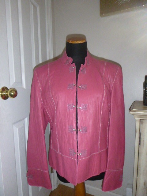 Womens Pamela McCoy Rose Pink & Crystal Bling Leather Moto Jacket Sz L EUC!!