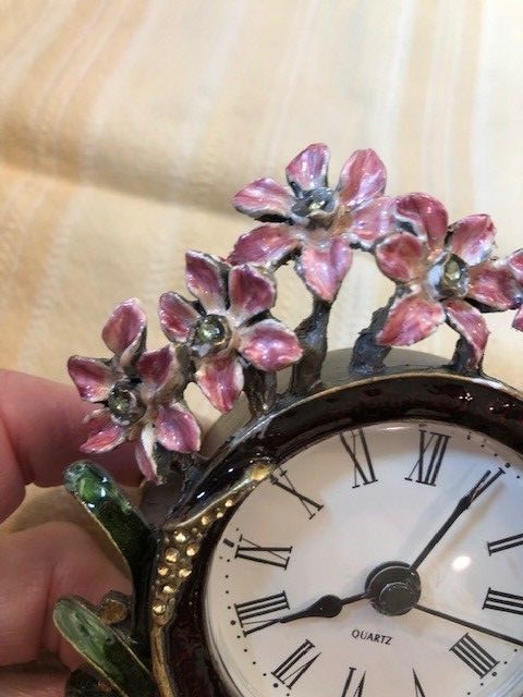 Creative Co-op Pewter Table Clock 4.25 inches AAA Battery Pink Flowers (3)
