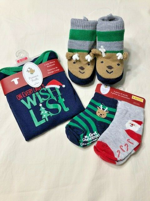 NWT Carter's Precious Firsts Long-Sleeve Body Suit, Grip Slippers, Holiday Socks