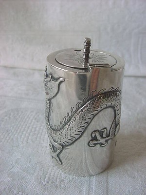 CHINESE EXPORT SILVER Mustard Pot DRAGON late 1890s Early 1900s TC or IC Antique