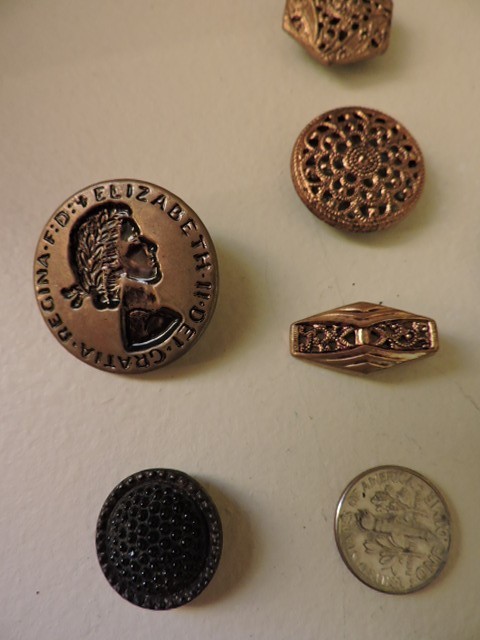 Nine Vintage Metal buttons Filigree, Elizabeth II stamped, black glass, Czec.