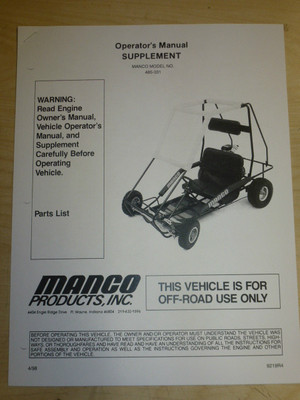 MANCO MODEL 485-331 GO KART PARTS LIST OPERATORS MANUAL CART