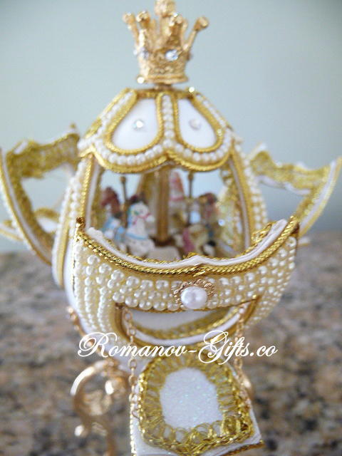 Russian Imperial White Nutcracker Musical Carousel Egg & Pendant necklace