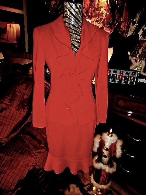 St John Evening Suit Red JACKET RUFFLE & SKIRT CRYSTAL TRIM RARE 2 SANTANA SANTA