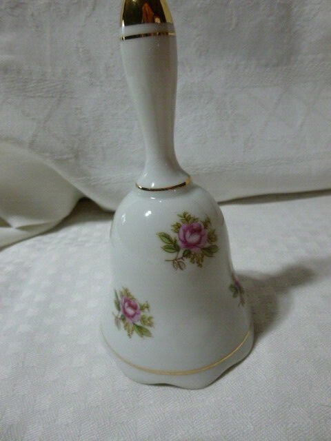 Vintage  Porcelain Hand Dinner Bell,  Single Pink Roses Gold Bands 5 1/2