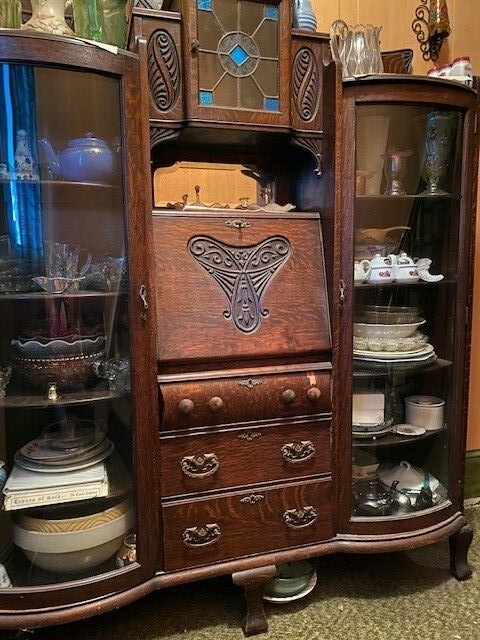 Antique Hutch Cabinet- stained glass