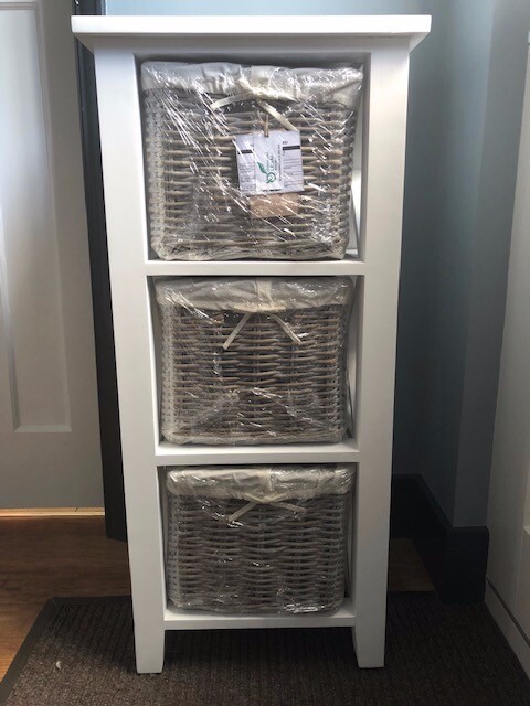 Free Standing Cabinet White Wood With 3 Wicker Baskets Free