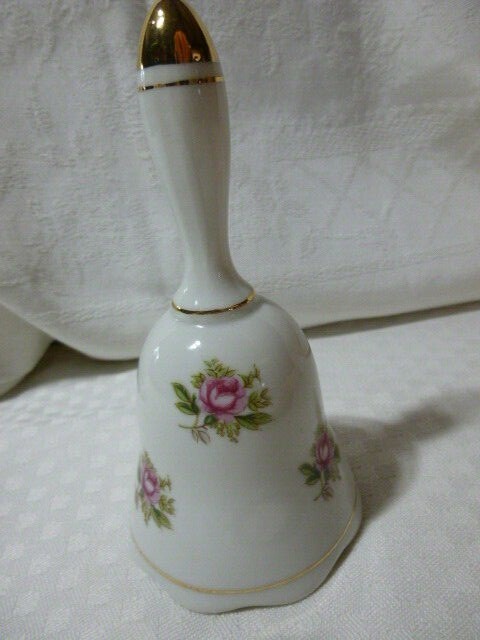 Vintage  Porcelain Hand Dinner Bell,  Single Pink Roses Gold Bands 5 1/2