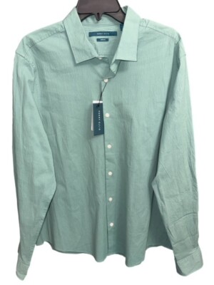 Perry Ellis Shirt XXL Green Stretch Fabric Untucked 2X Roll-Tab Long Sleeves $89