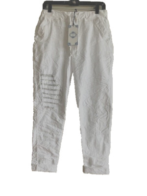 Tempo Paris women white cotton skinny leg embelished elastic waist pants S Italy