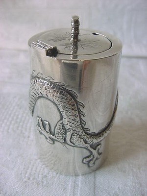 CHINESE EXPORT SILVER Mustard Pot DRAGON late 1890s Early 1900s TC or IC Antique