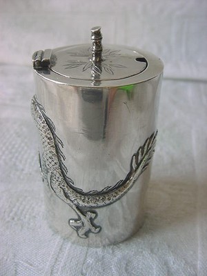 CHINESE EXPORT SILVER Mustard Pot DRAGON late 1890s Early 1900s TC or IC Antique