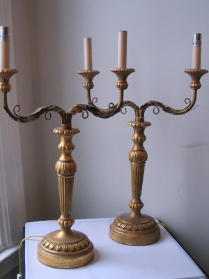 Pair French Late 19th Louis XVI Style Gilt Bronze Two-Arm Chandelier Table Lamps