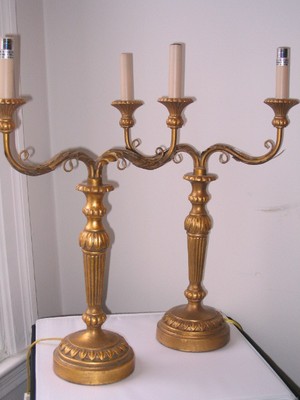 Pair French Late 19th Louis XVI Style Gilt Bronze Two-Arm Chandelier Table Lamps