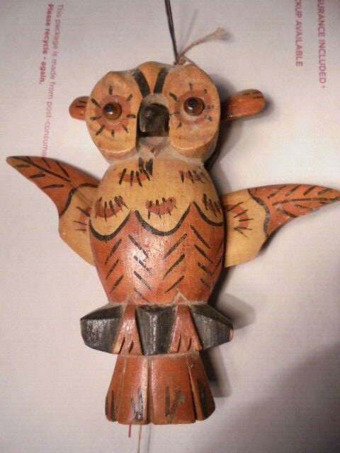 Vintage Folk Art Hand Carved Wood Owl Wall Hanging Mechanical Ears Wings & Beak