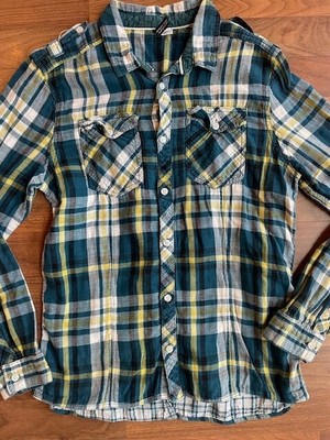 WOMENS MED DIVIDED BLUE AQUA LIME FLANNEL PLAID LONG SLEEVE SHIRT SOFT