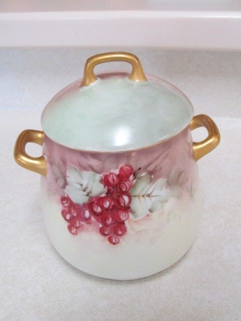 Antique Bavaria Dusty Rose/Green Porcelain Sugar Bowl w/Lid and Matching Plate