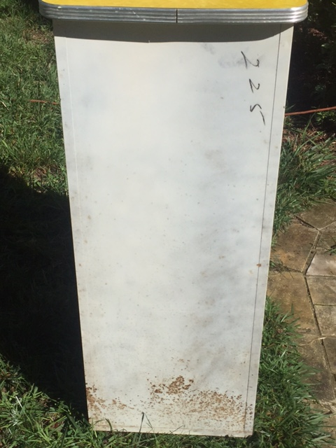 Vintage mid-century modern metal kitchen cabinet w/ yellow Formica top