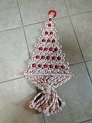 Vintage Red/White Christmas Tree With Red Beads Macrame Wall Hanging Decor