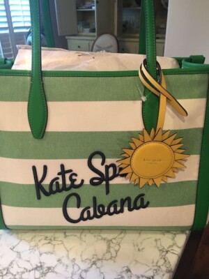 Kate Spade Cabana Beach Bag Green and White Stripe w/Storage Bag New NWT