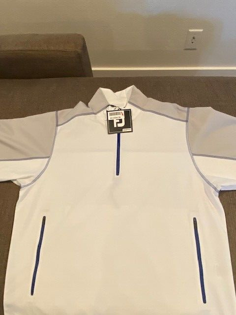 Footjoy half sleeve wind shirt white with grey and royal blue trim size large