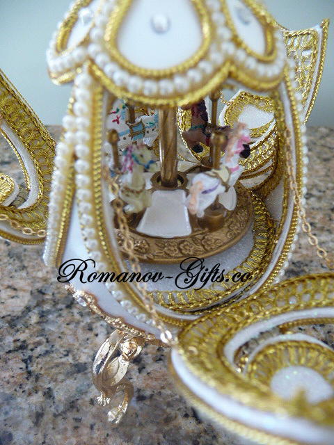 Russian Imperial White Nutcracker Musical Carousel Egg & Pendant necklace