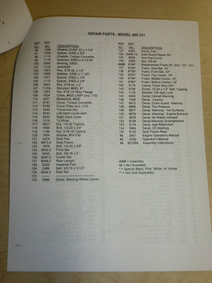 MANCO MODEL 485-331 GO KART PARTS LIST OPERATORS MANUAL CART