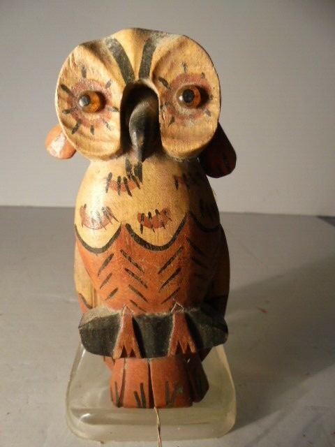 Vintage Folk Art Hand Carved Wood Owl Wall Hanging Mechanical Ears Wings & Beak