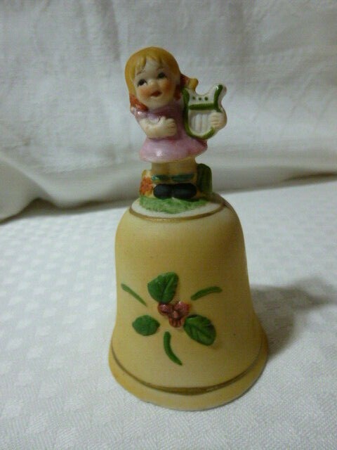 Vintage Bisque Ceramic figurine bell  Girl Playing the Harp Handle 4 1/4