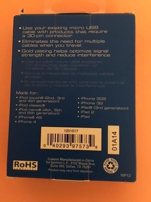 AUVIO MICRO USB ADAPTOR with 30-pin connector for ipod,iphone,ipad black 1201517