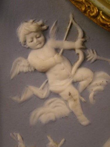 1800's Schafer Vater Jasper Ware German Bisque Cherub Portrait Figure Case Clock