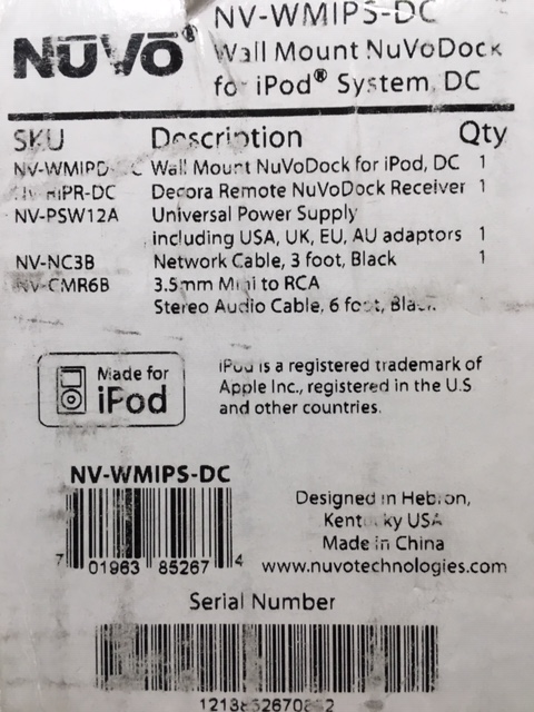 NUVO NV-WMIPS-DC WALL MOUNT NUVO DOCK FOR IPOD SYSTEM DC
