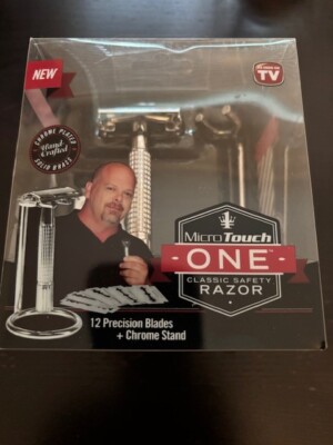 Chrome Plated Micro Touch One Classic Safety Razor 12 Precision Blades + Stand