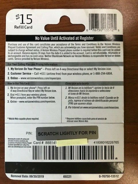 Verizon Prepaid Service $15 card